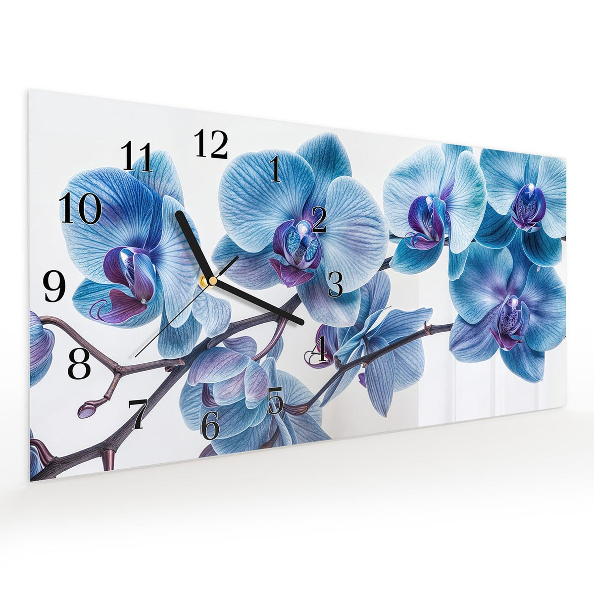 Vormontiert – mit Schwebeeffekt – Wanduhr Blaue Orchideen Blüte aus Glas – Querformat 60 × 30 cm