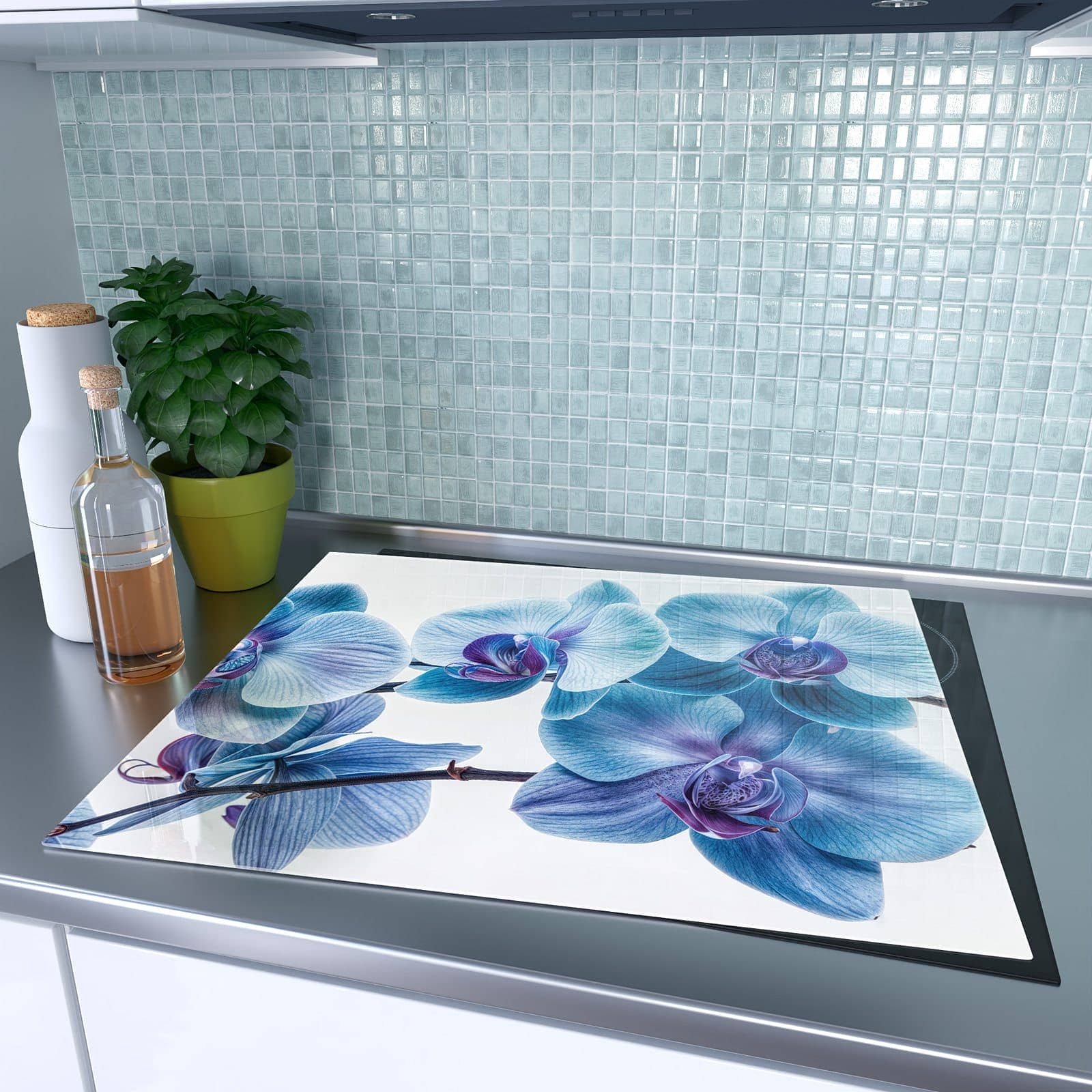 1-teilige Deckplatte aus Glas mit Blaue Orchideen Blüte-Motiv auf dem Ceranfeld
