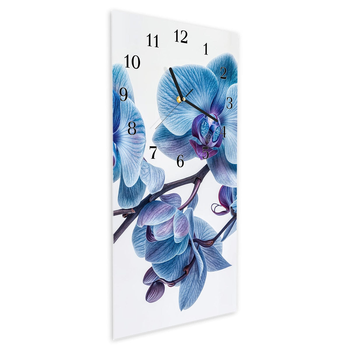 Wanduhr aus Glas im Hochformat Blauviolette Orchidee schräg von der Seite, 4 mm starkes Glas