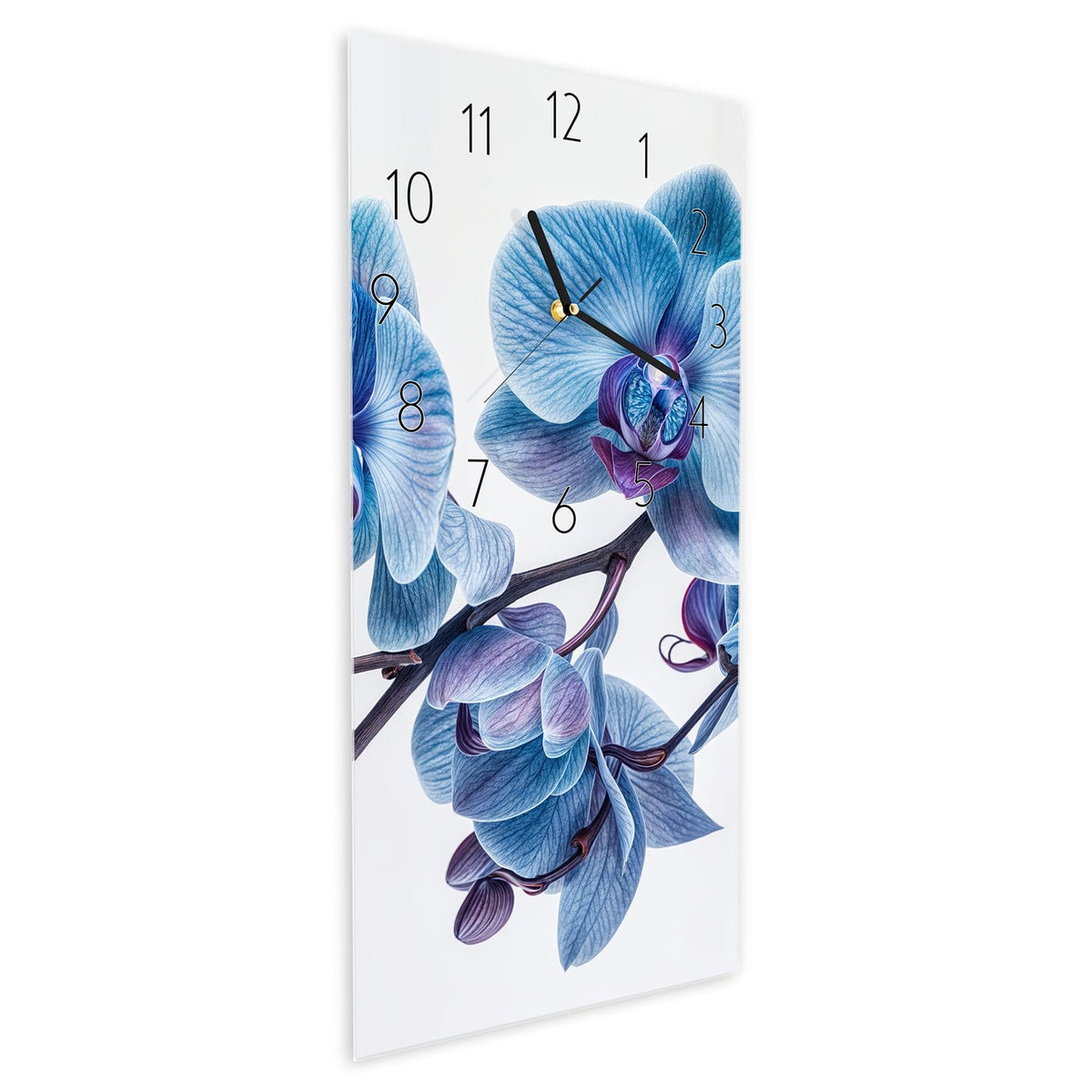 Wanduhr aus Glas im Hochformat Blauviolette Orchidee schräg von der Seite, 4 mm starkes Glas