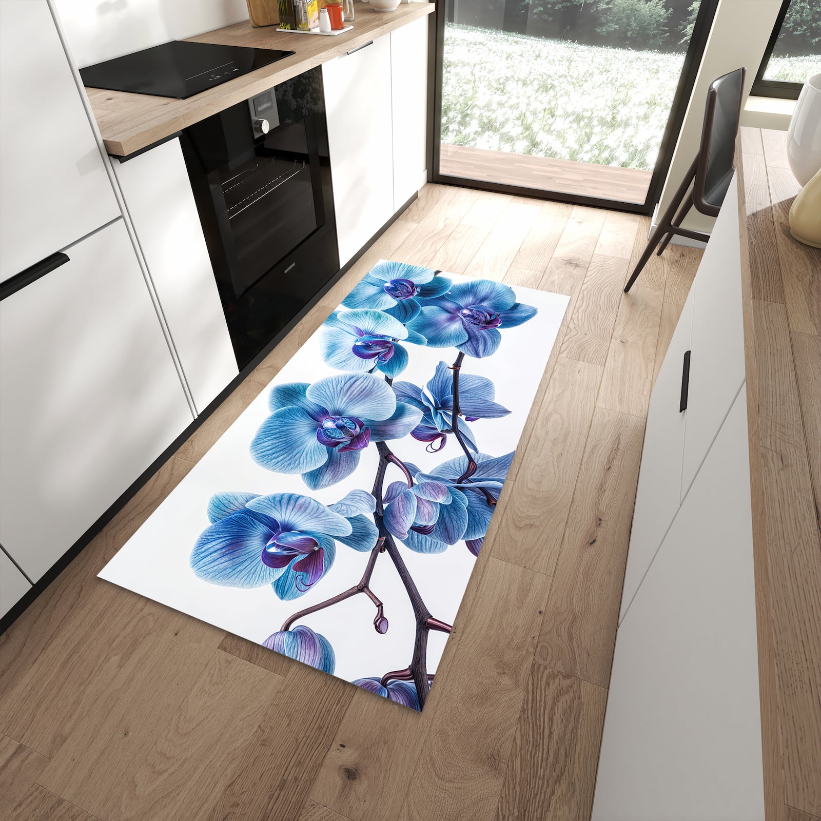 Langlebiger Küchenläufer mit Motiv Blaue Orchideen Blüte in moderner Küche