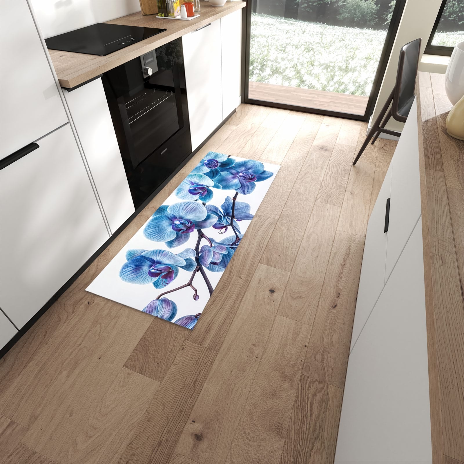 Langlebiger Küchenläufer mit Motiv Blaue Orchideen Blüte in moderner Küche #grösse_60 x 150 cm