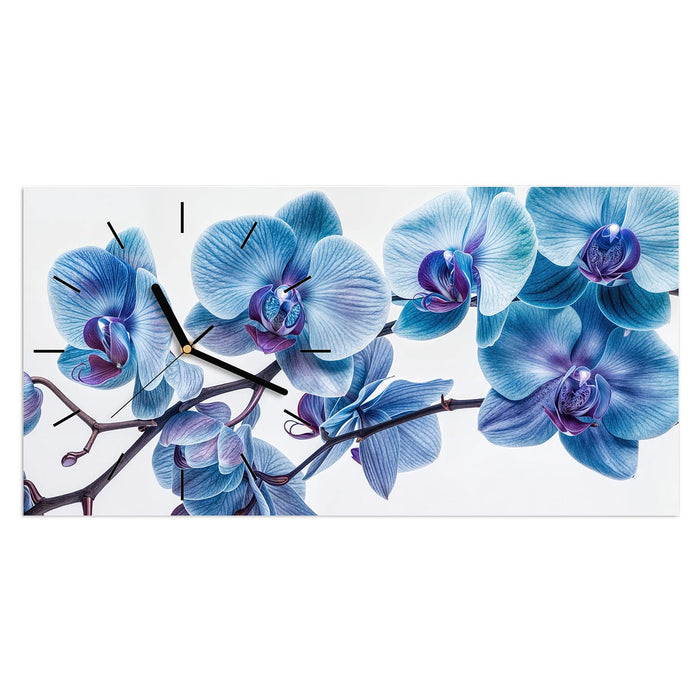 Wanduhr Blaue Orchideen Blüte aus Glas – Querformat 60 × 30 cm mit Ziffernblatt Linie