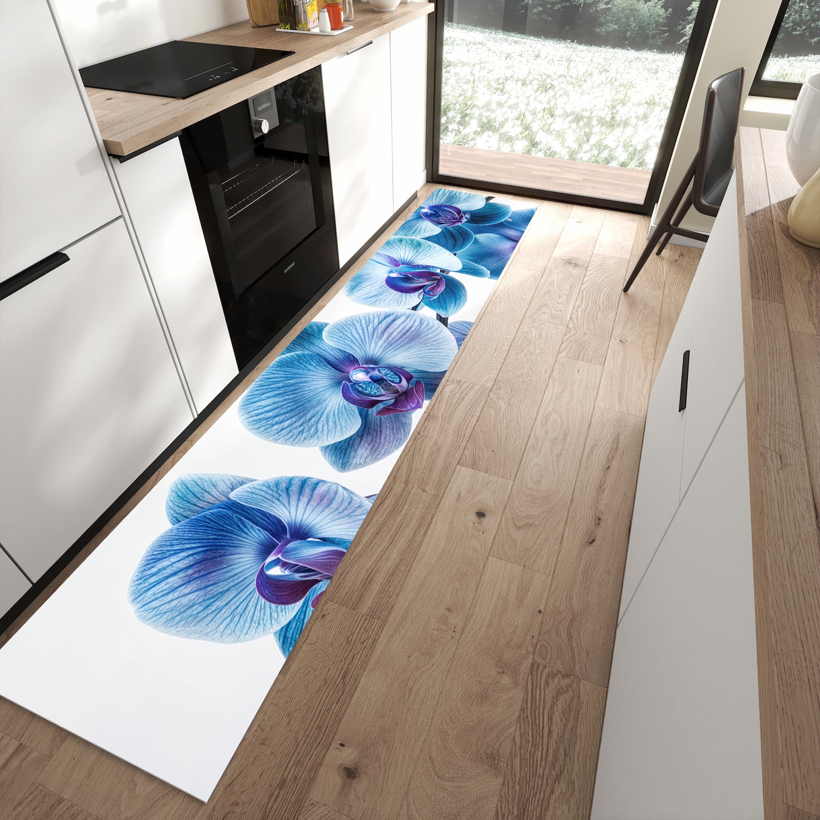 Rutschfester Küchenteppich mit Motiv Blaue Orchideen Blüte in moderner Küche