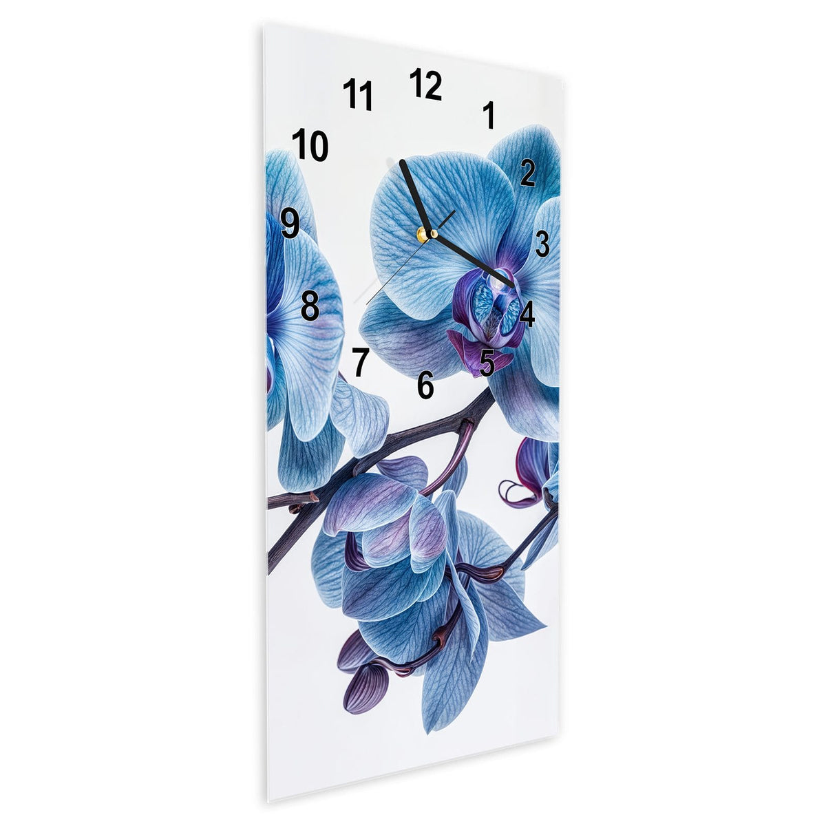 Wanduhr aus Glas im Hochformat Blauviolette Orchidee schräg von der Seite, 4 mm starkes Glas