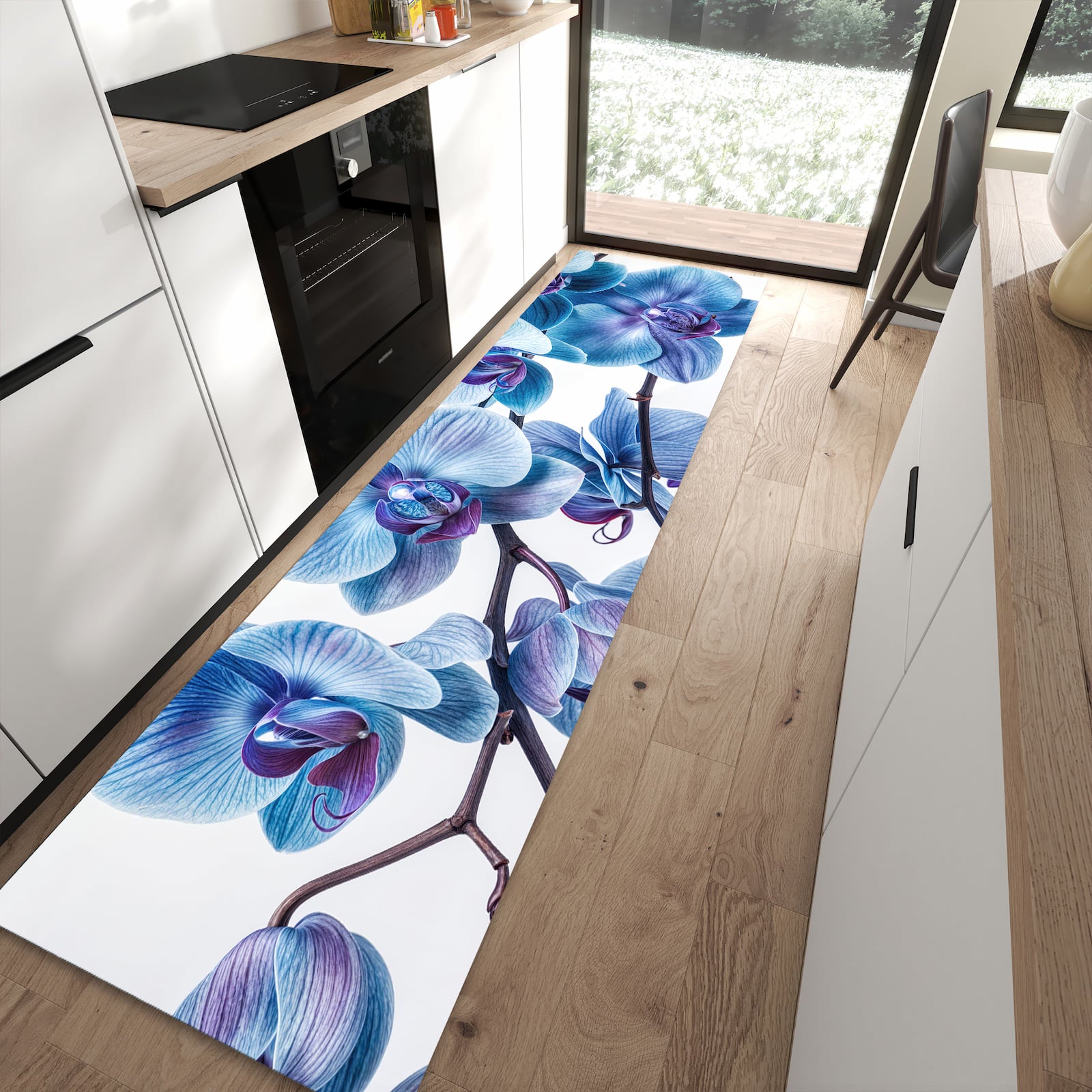 Waschbarer Küchenläufer mit Motiv Blaue Orchideen Blüte in moderner Küche