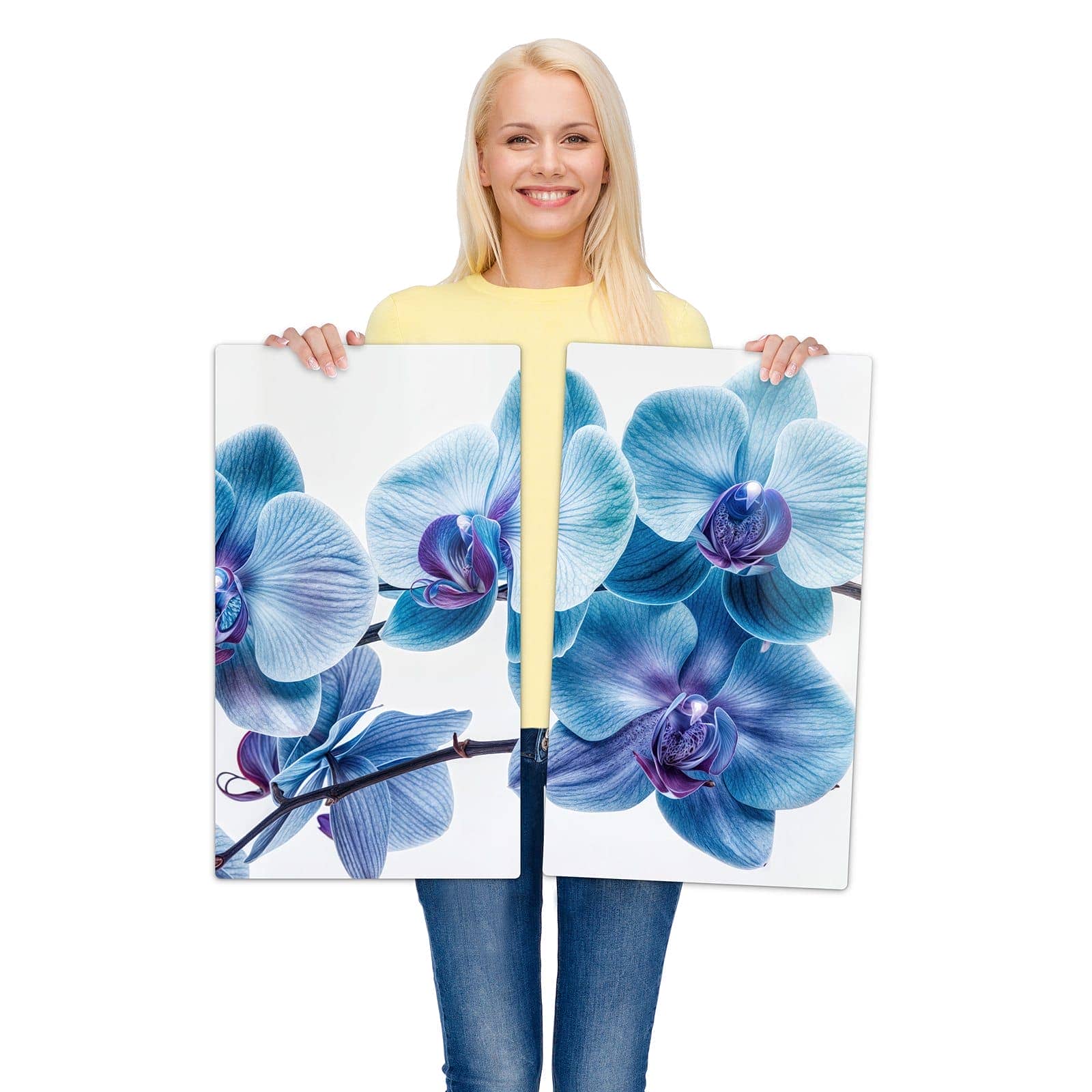 2-teilige Herdabdeckung aus Glas mit Blaue Orchideen Blüte-Motiv wird zur Größendarstellung gehalten