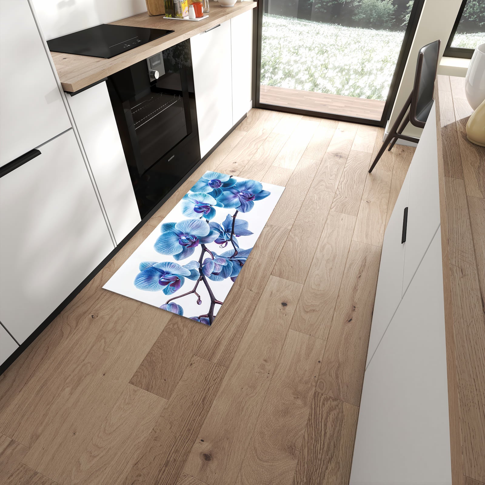 Geruchsneutraler abwaschbarer Küchenteppich mit Motiv Blaue Orchideen Blüte in moderner Küche #grösse_60 x 120 cm