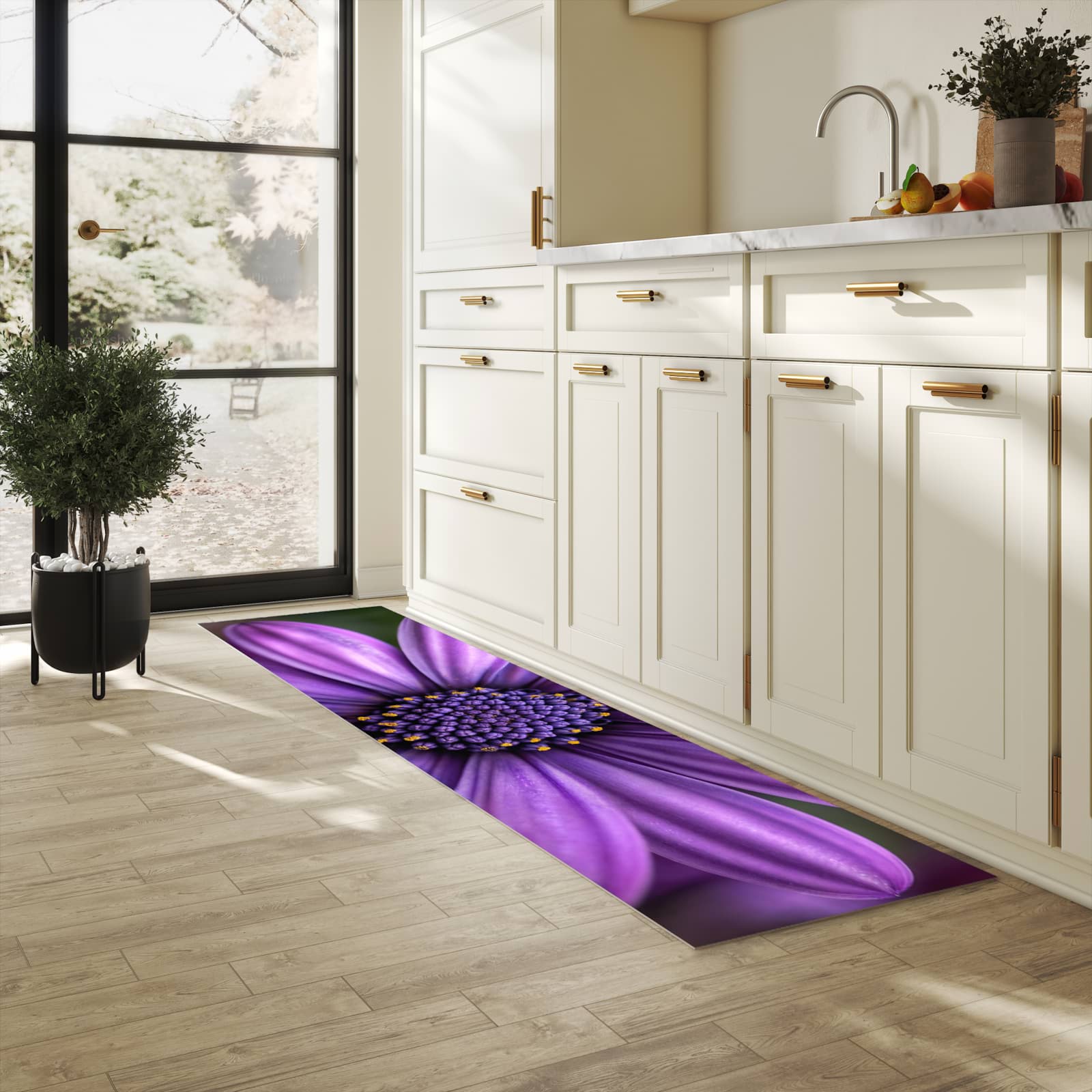 Küchenteppich mit Motiv Blume Nahaufnahme in heller Küche für sicheres Aufbewahren