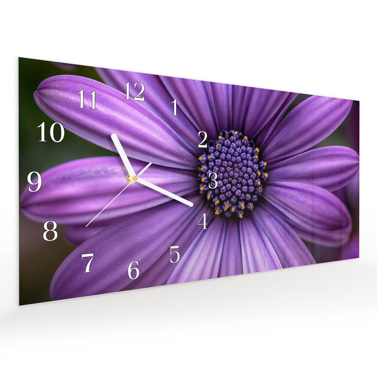 Vormontiert – mit Schwebeeffekt – Wanduhr Blume Nahaufnahme aus Glas – Querformat 60 × 30 cm