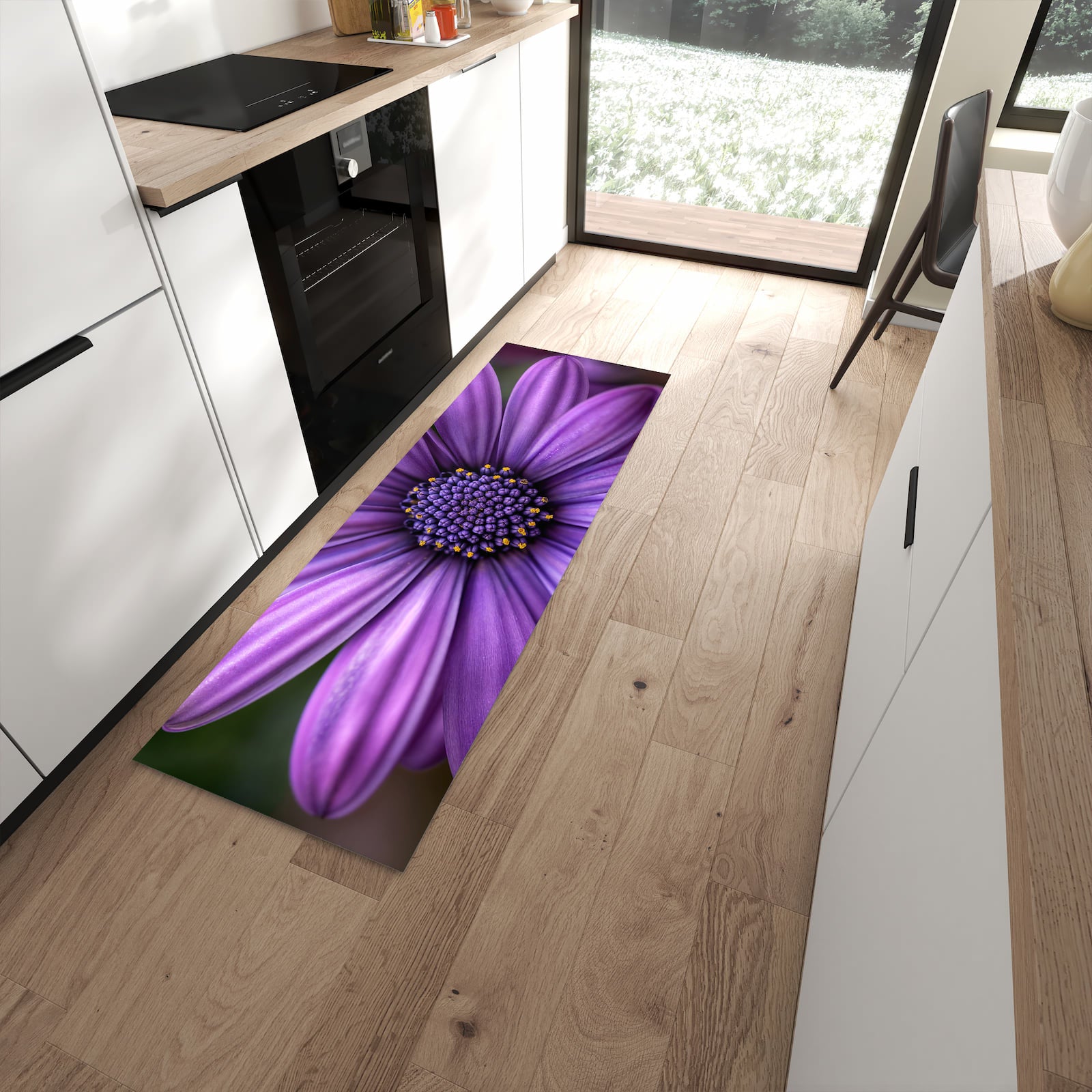 Farbbeständiger waschbarer Küchenläufer mit Motiv Blume Nahaufnahme in moderner Küche