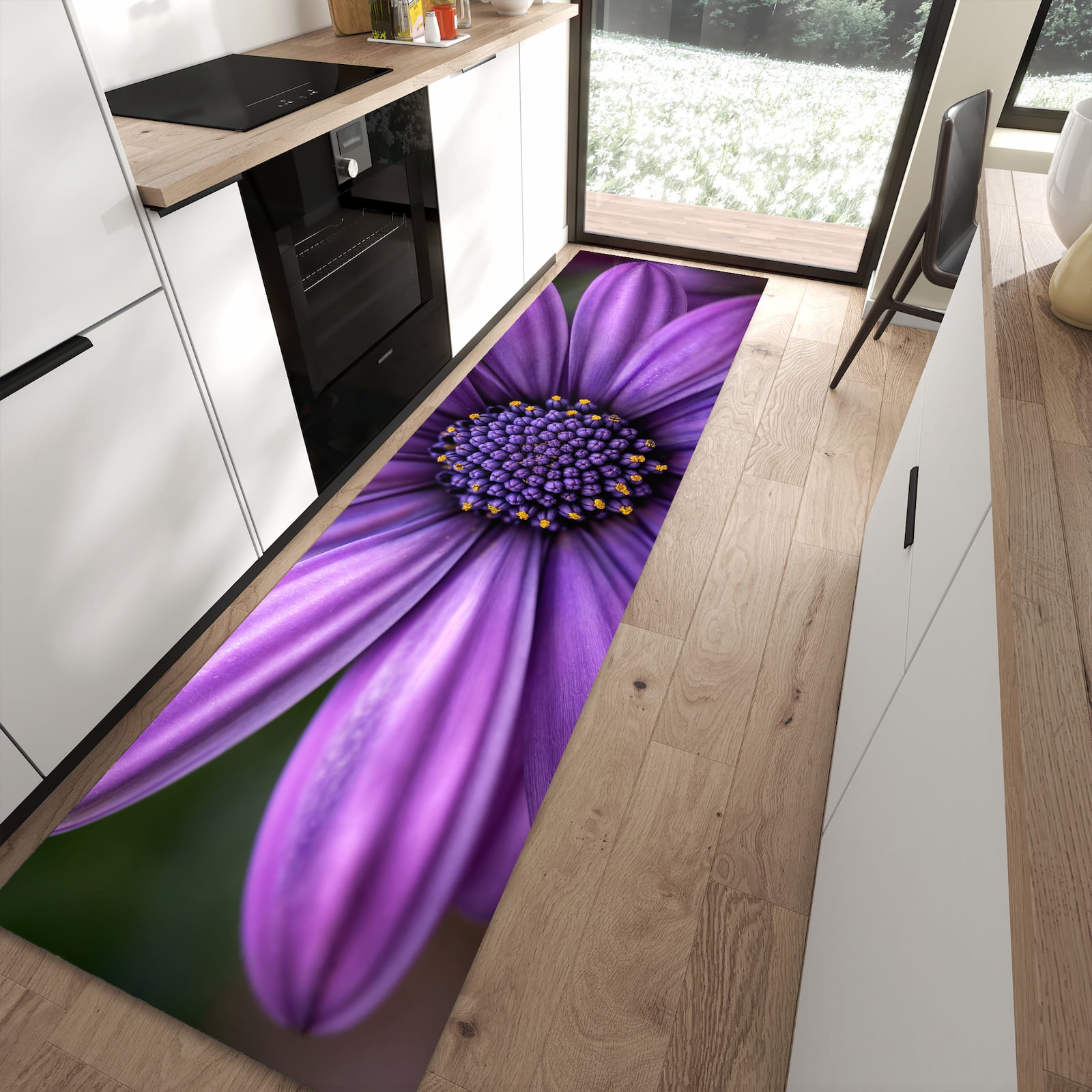 Wasserabweisender Küchenläufer mit Motiv Blume Nahaufnahme in moderner Küche