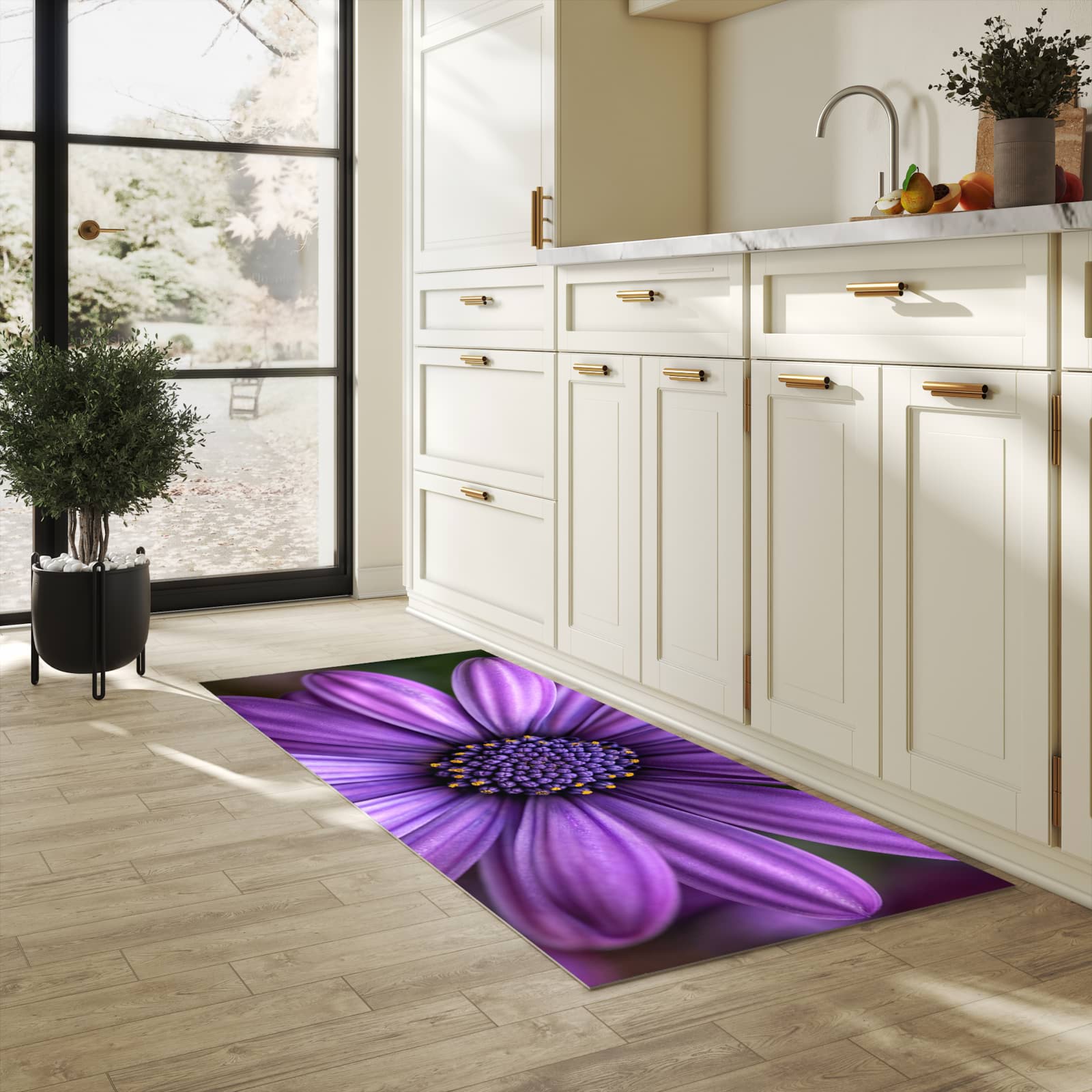 Abriebfester waschbarer Teppich Küche mit Motiv Blume Nahaufnahme in heller Küche