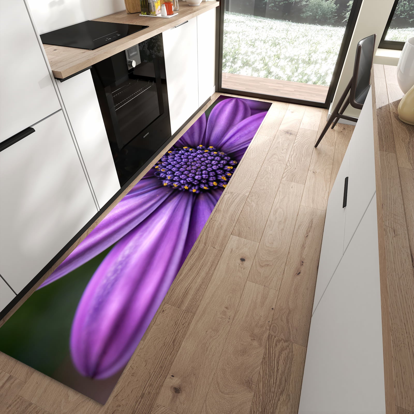 Zeitsparender rutschfester Küchenläufer mit Motiv Blume Nahaufnahme in moderner Küche