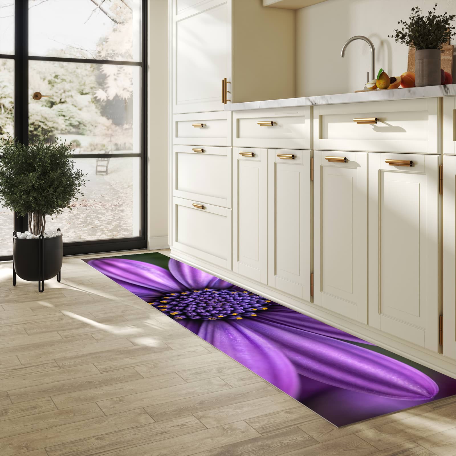 Zeitsparender Küchenteppich mit Motiv Blume Nahaufnahme in heller Küche