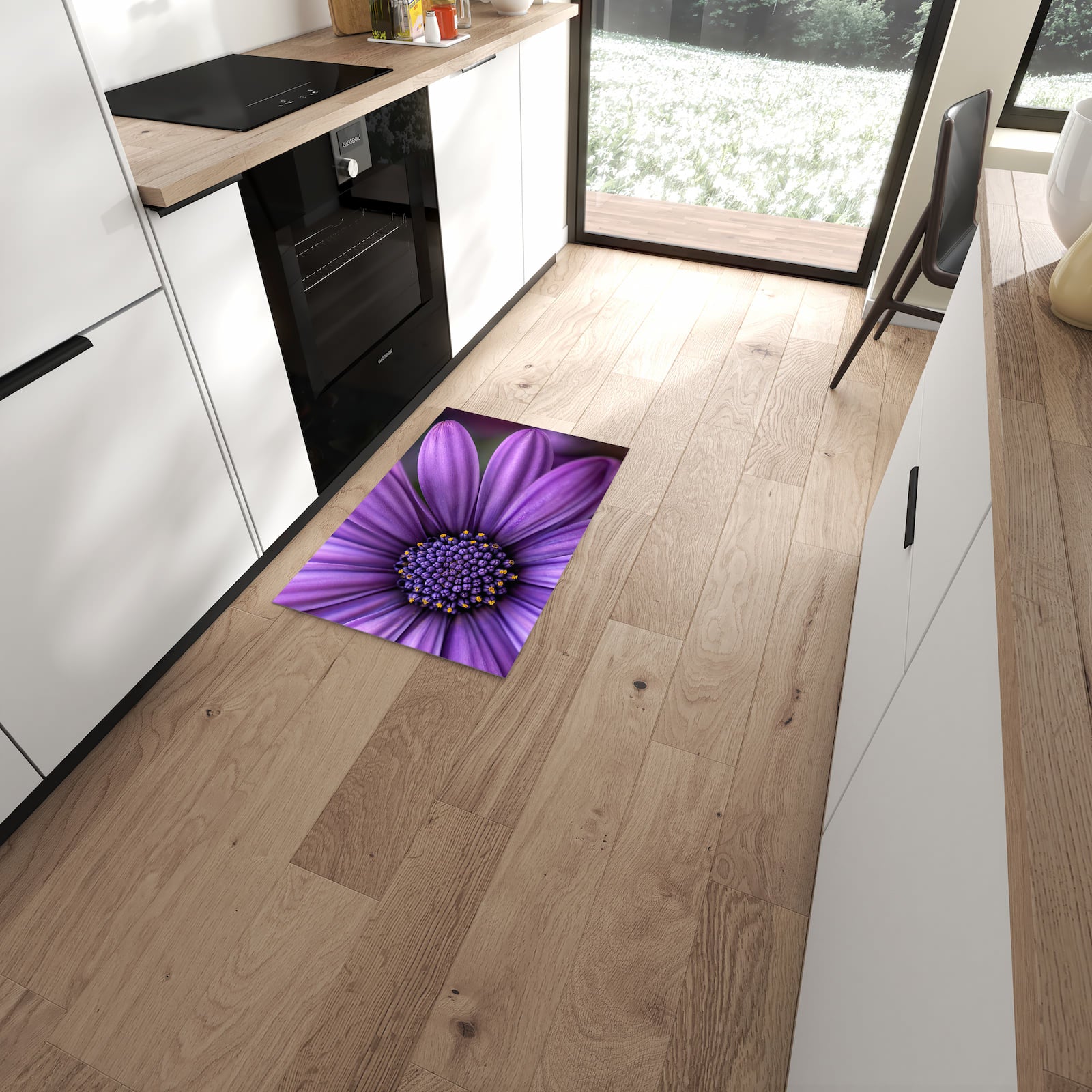 Geräuschdämpfender waschbarer Küchenläufer mit Motiv Blume Nahaufnahme in moderner Küche