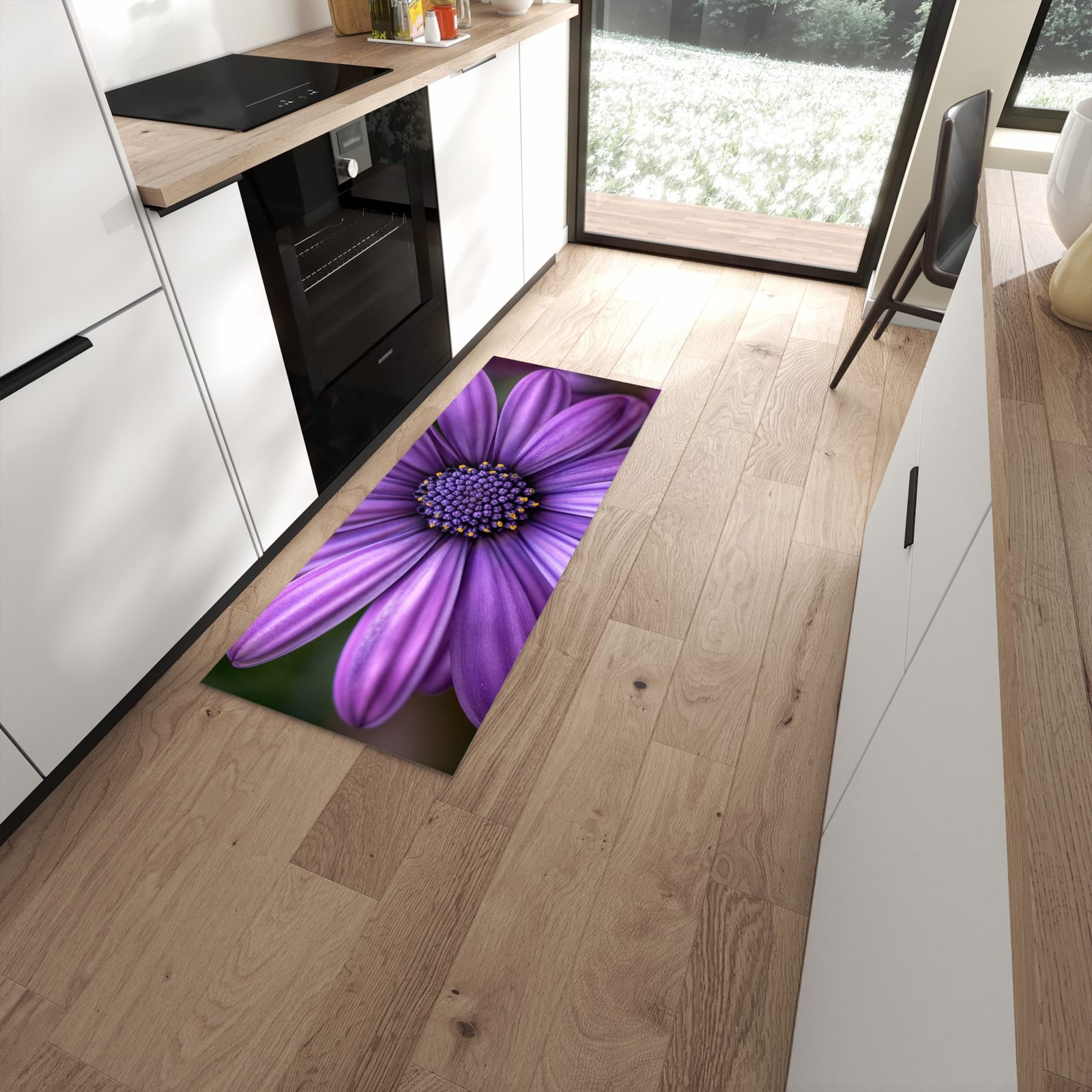 Bodenschonender Küchenläufer mit Motiv Blume Nahaufnahme in moderner Küche #grösse_60 x 150 cm