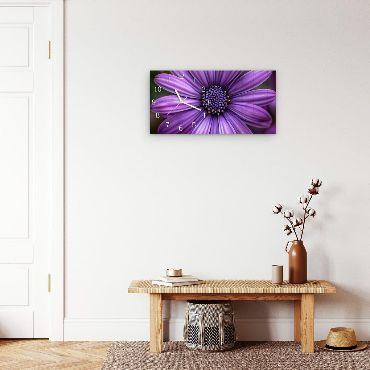 Moderne Wanduhr aus Glas mit Farbtiefe – Wanduhr Blume Nahaufnahme aus Glas – Querformat 60 × 30 cm