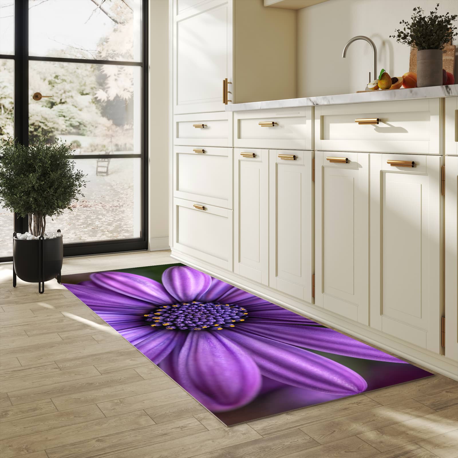 Schmutzabweisender waschbarer Küchenläufer mit Motiv Blume Nahaufnahme in heller Küche