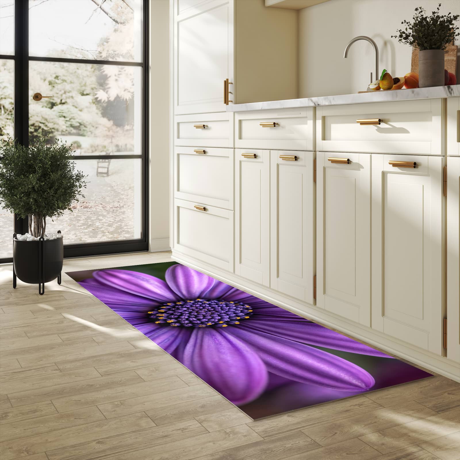 UV-beständiger Küchenläufer mit Motiv Blume Nahaufnahme in heller Küche