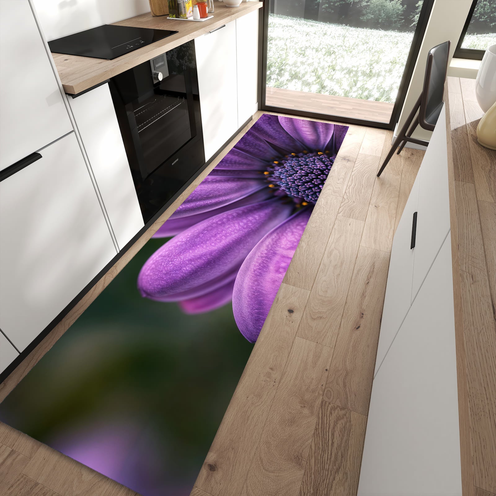 Rutschfester großer Küchenteppich mit Motiv Lila Blütenwunder in moderner Küche