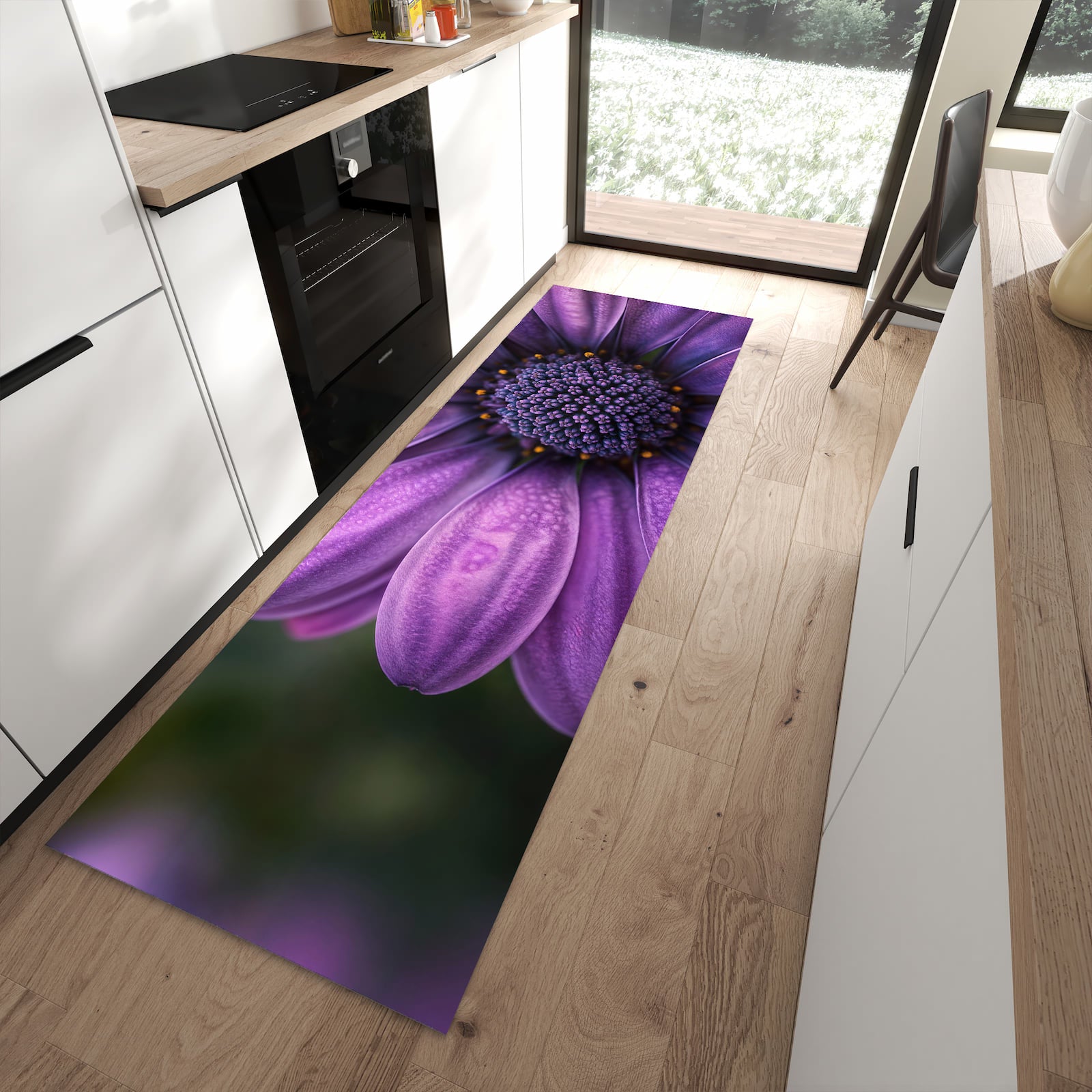 Waschbarer Küchenteppich mit Motiv Lila Blütenwunder in moderner Küche