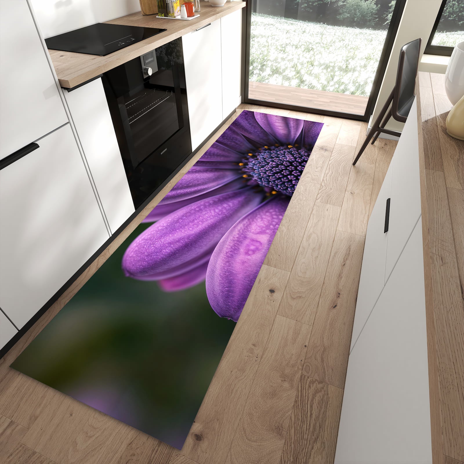 Langlebiger waschbarer Küchenteppich mit Motiv Lila Blütenwunder in moderner Küche