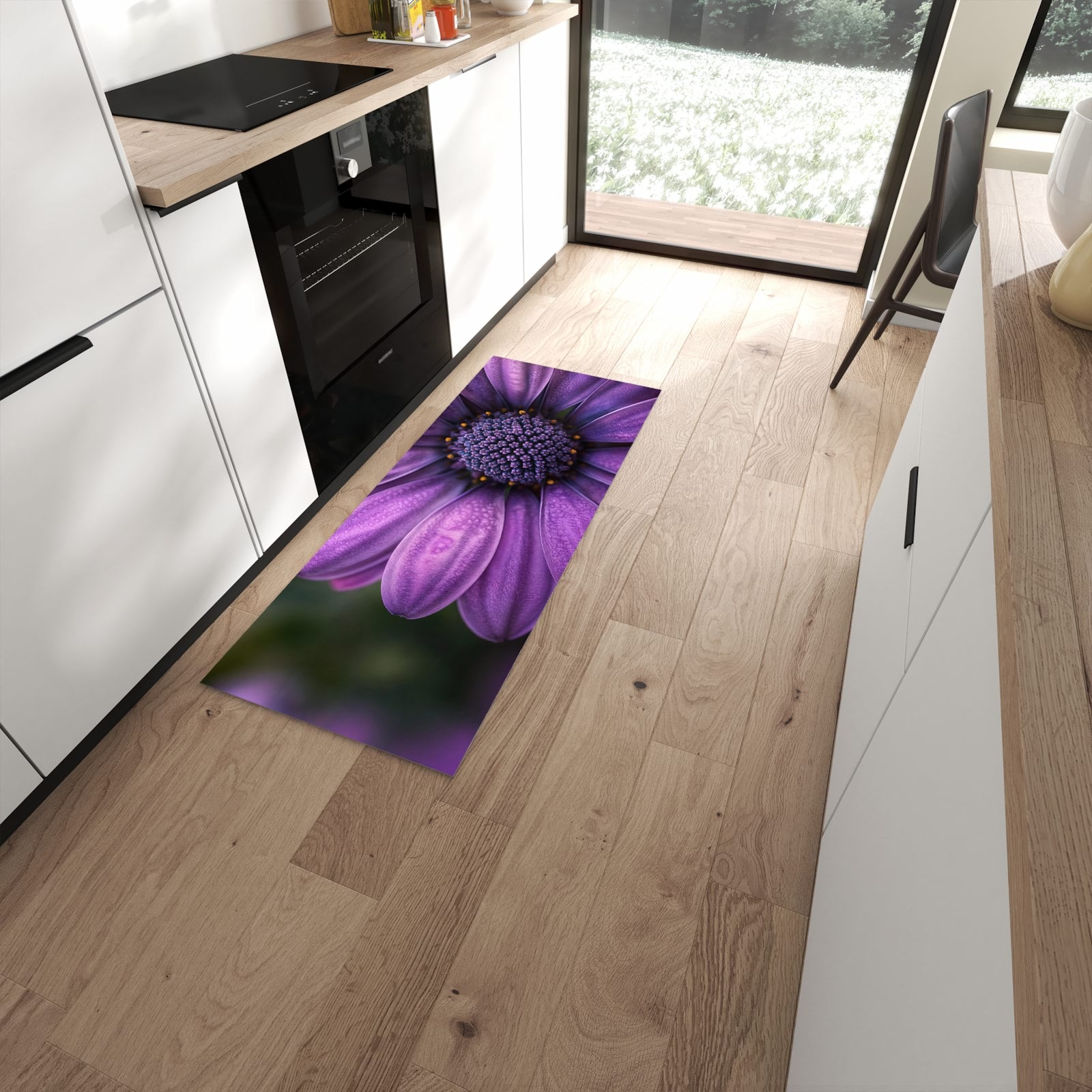 Langlebiger Küchenläufer mit Motiv Lila Blütenwunder in moderner Küche #grösse_60 x 150 cm