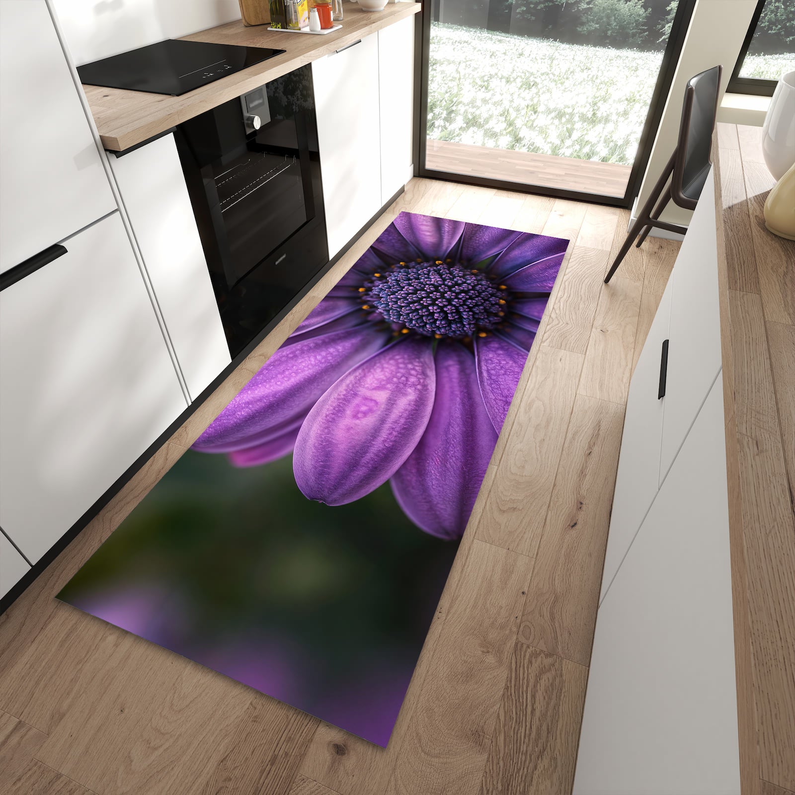 Bodenschonender Küchenteppich mit Motiv Lila Blütenwunder in moderner Küche