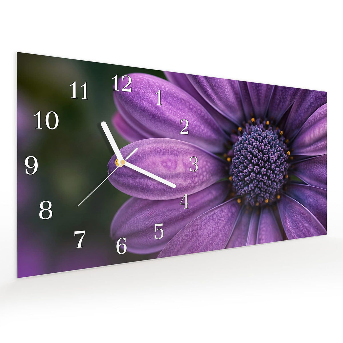 Vormontiert – mit Schwebeeffekt – Wanduhr Lila Blütenwunder aus Glas – Querformat 60 × 30 cm
