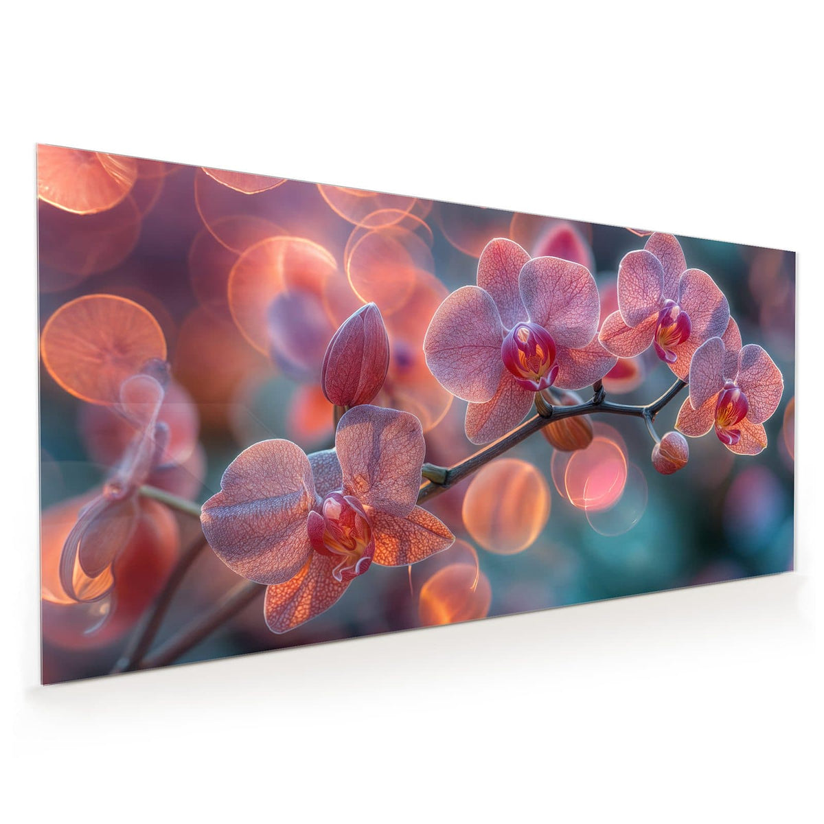 Küchenrückwand aus Glas im Hochformat: Rosa Orchideenblüten vor großen orangefarbenen Lichtkreisen