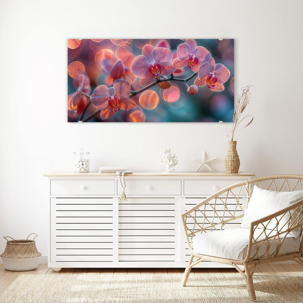 Echtglas, 4 mm – kein Acryl, keine Folie – Wandbild - Orchideen vor Orange - Querformat