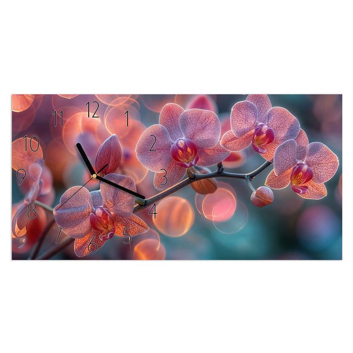 Wanduhr Orchidee Bokeh aus Glas – Querformat 60 × 30 cm mit Ziffernblatt Elegant