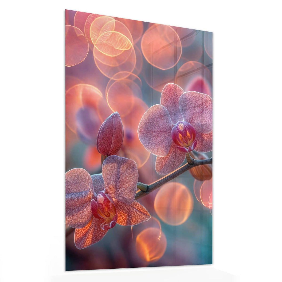 11 Größen – von 30 × 60 bis 60 × 150 cm – Wandbild - Orchideen vor Orange - Hochformat