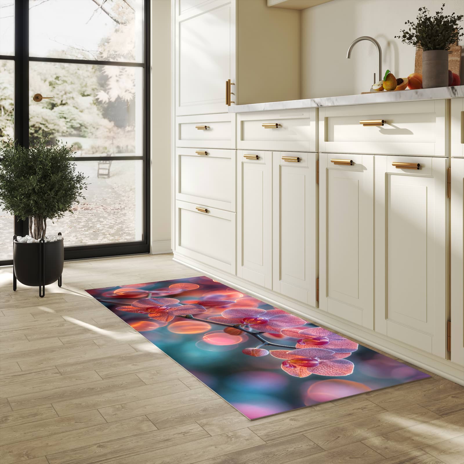 Komfortabler Küchenläufer mit Motiv Orchidee Bokeh in heller Küche