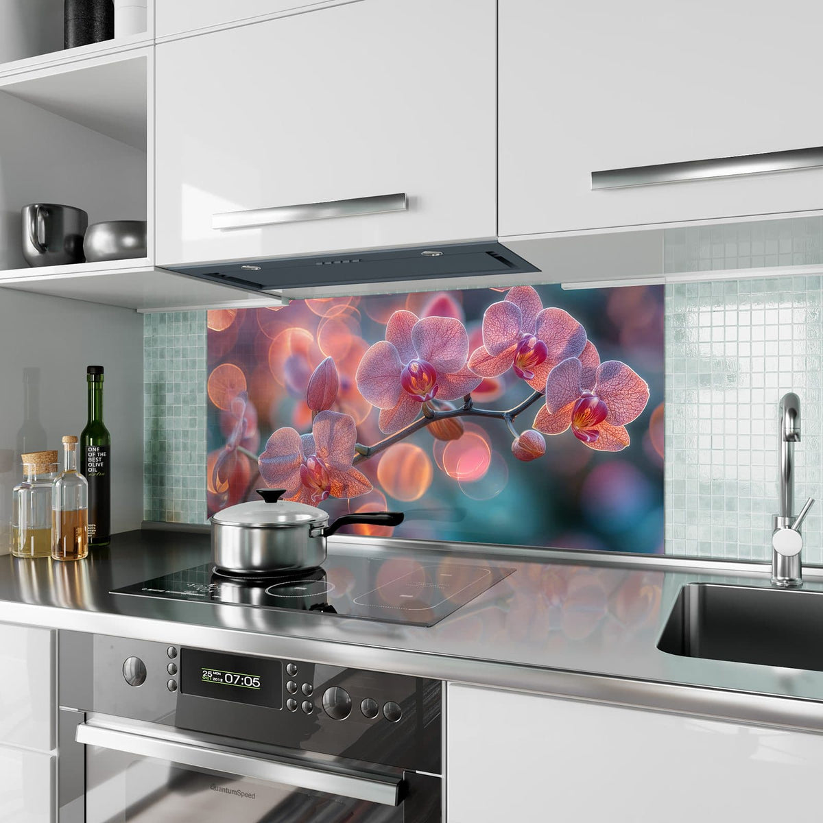 Küchenrückwand aus Glas Orchideen vor Orange im Hochformat als Spritzschutz hinter dem Kochfeld, über dem Fliesenspiegel montiert