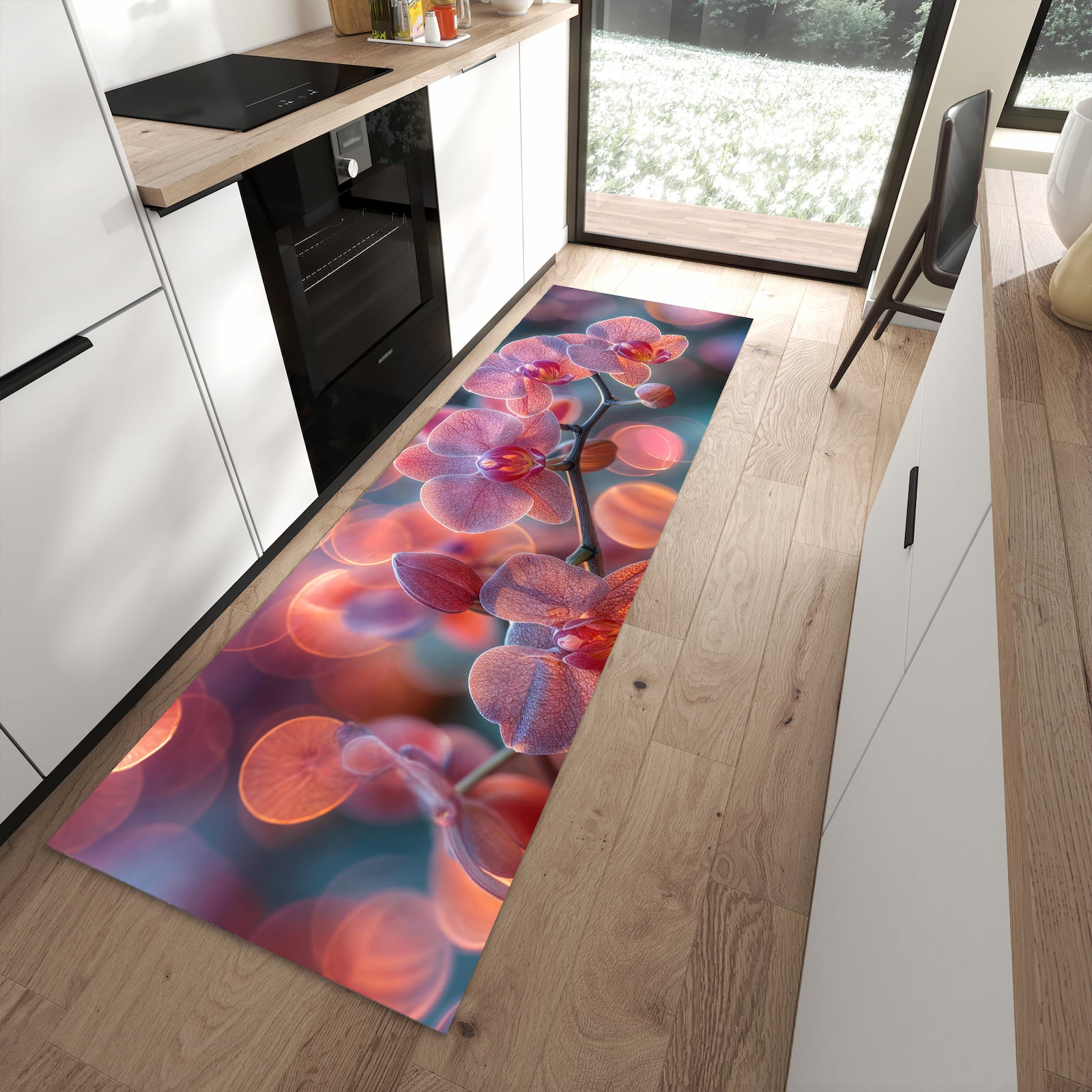 UV-beständiger Teppich für Küche mit Motiv Orchidee Bokeh in moderner Küche