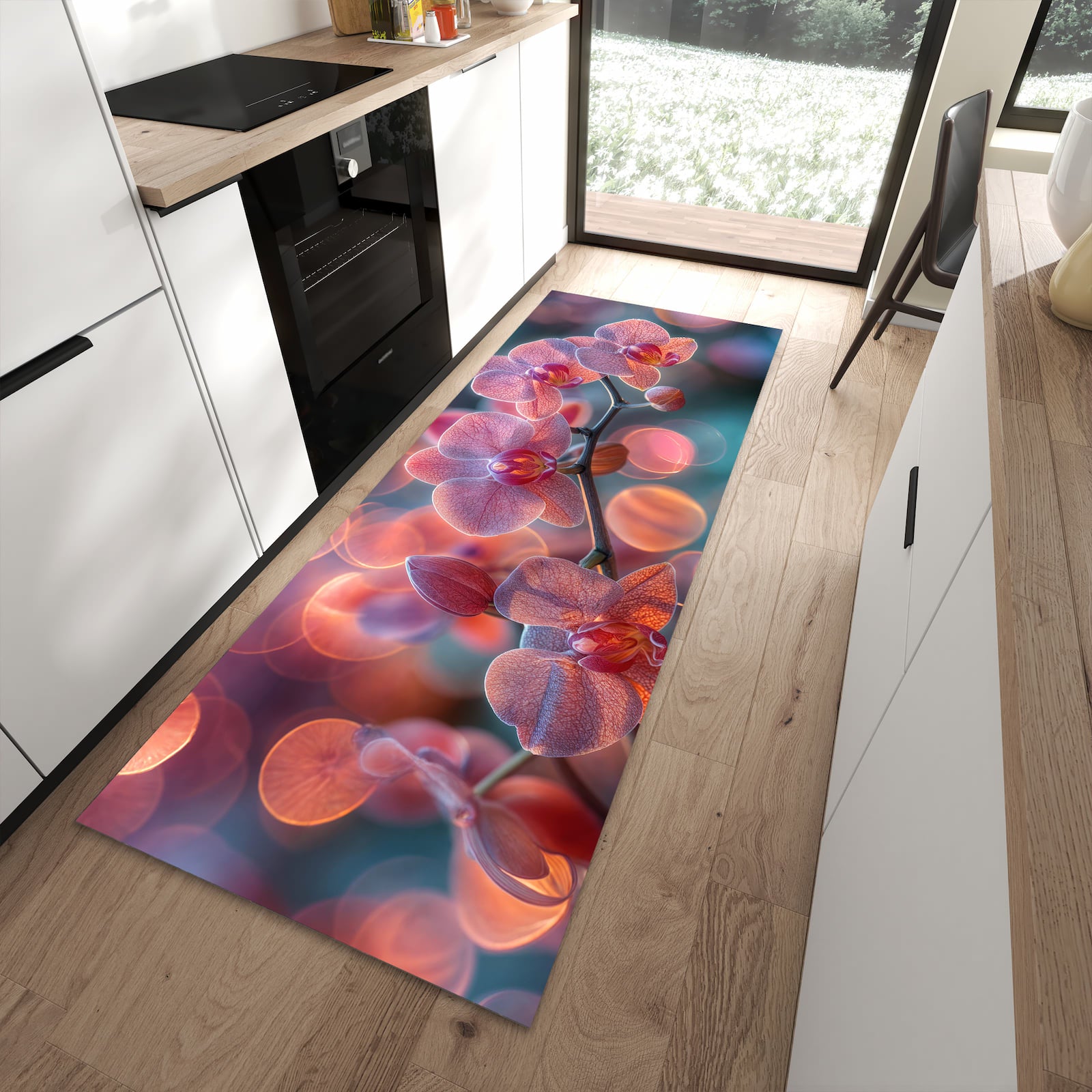 Schmutzabweisender Küchenteppich mit Motiv Orchidee Bokeh in moderner Küche