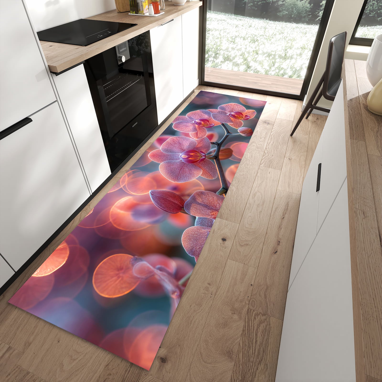 Komfortabler Küchenteppich mit Motiv Orchidee Bokeh in moderner Küche