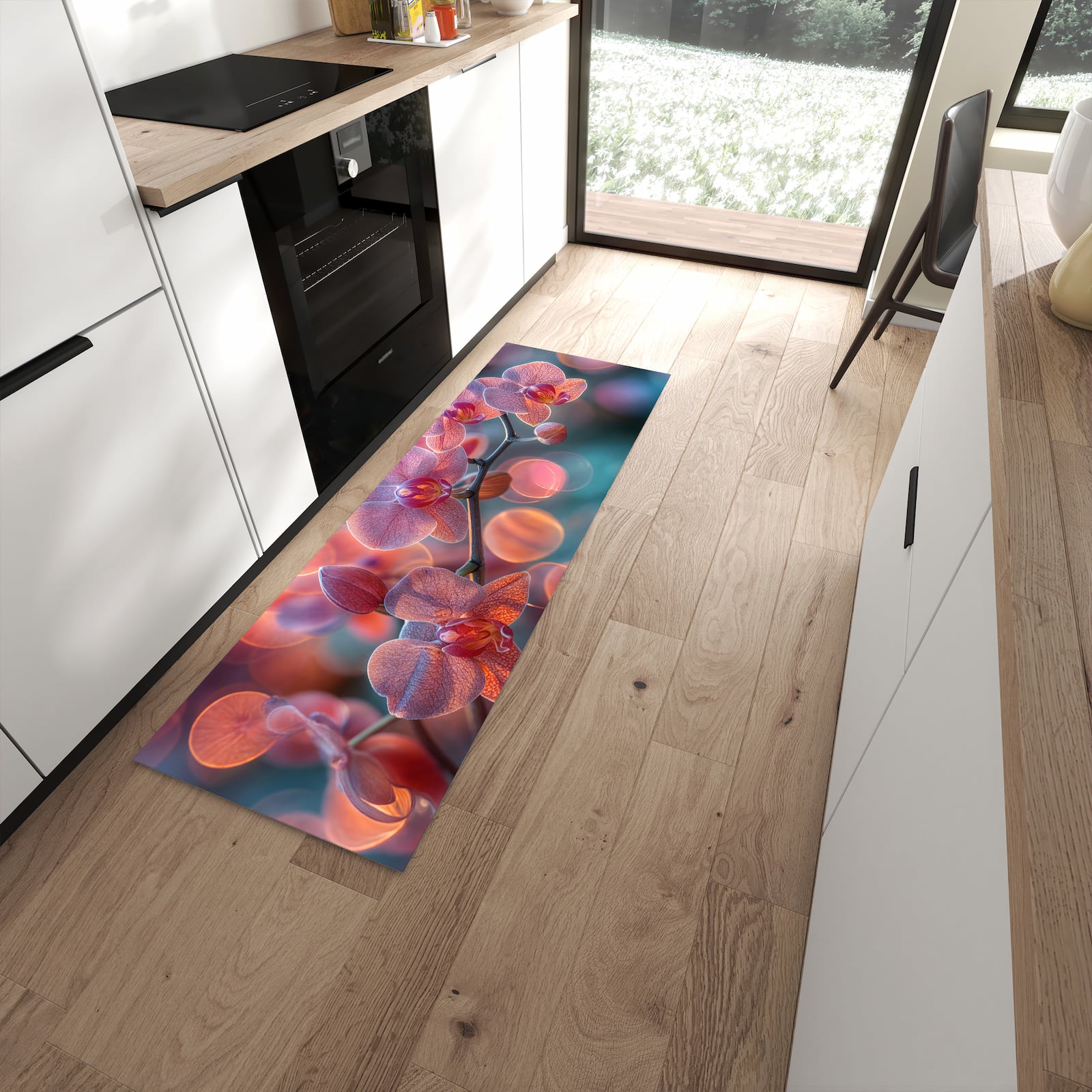 Farbbeständiger Küchenläufer mit Motiv Orchidee Bokeh in moderner Küche zum Waschen