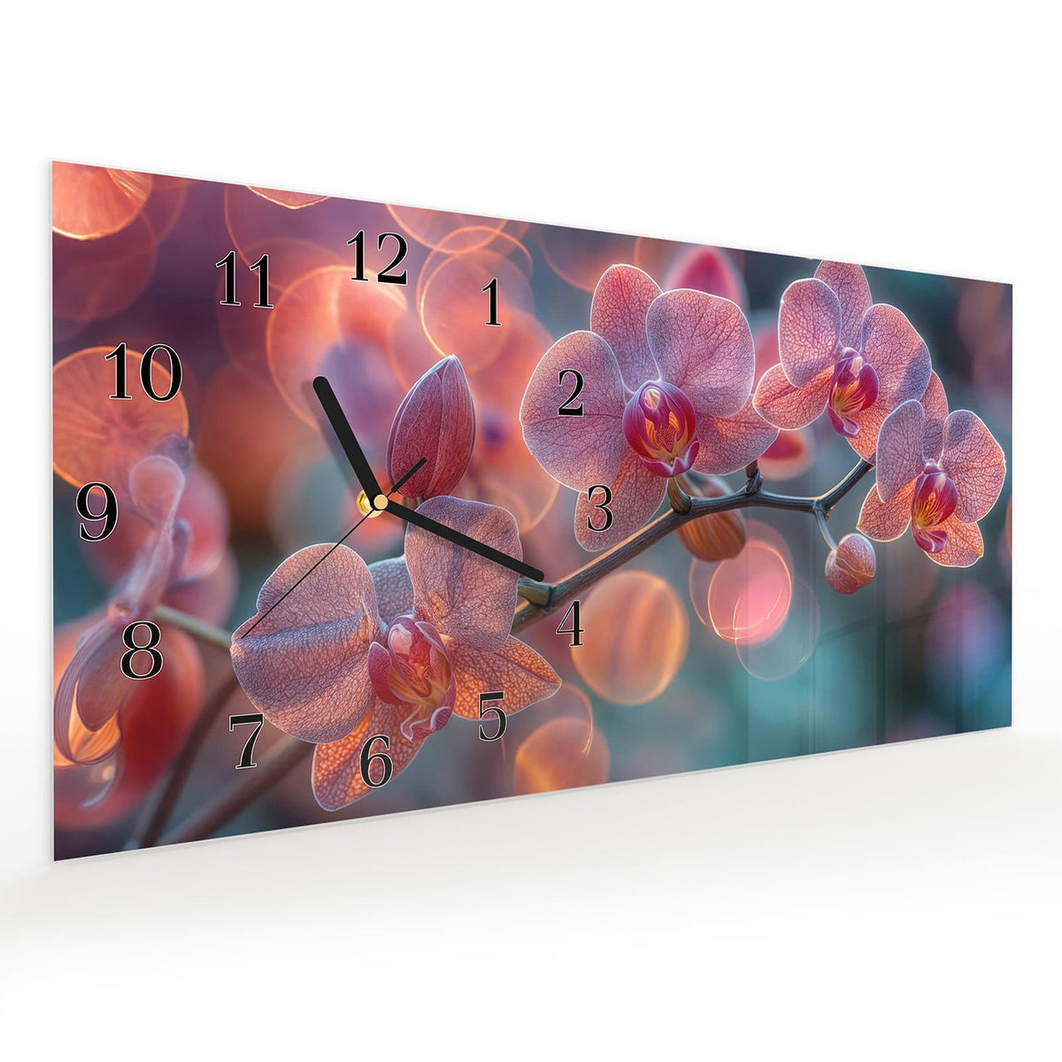 Vormontiert – mit Schwebeeffekt – Wanduhr Orchidee Bokeh aus Glas – Querformat 60 × 30 cm