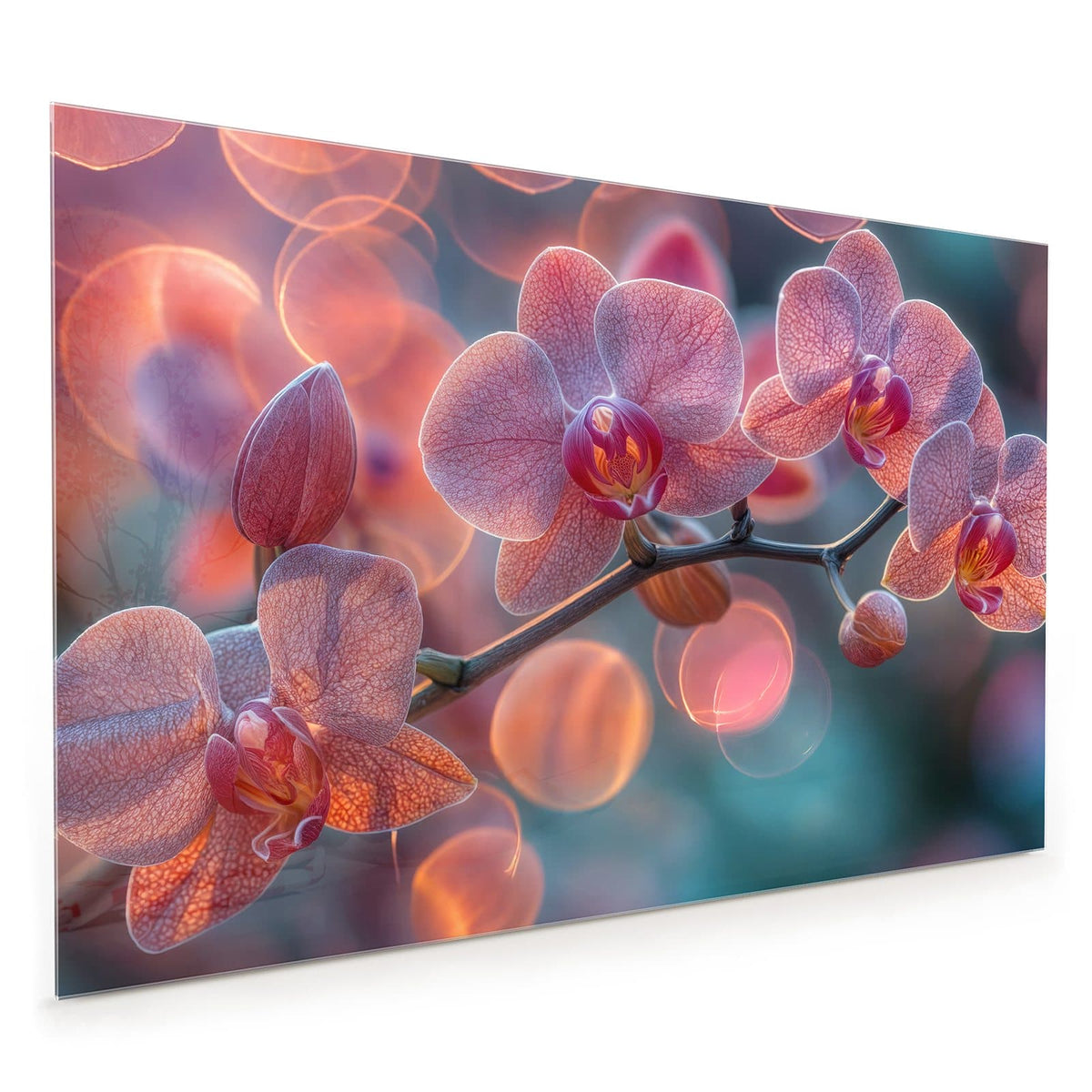 Küchenrückwand aus Glas im Hochformat: Rosa Orchideenblüten vor großen orangefarbenen Lichtkreisen