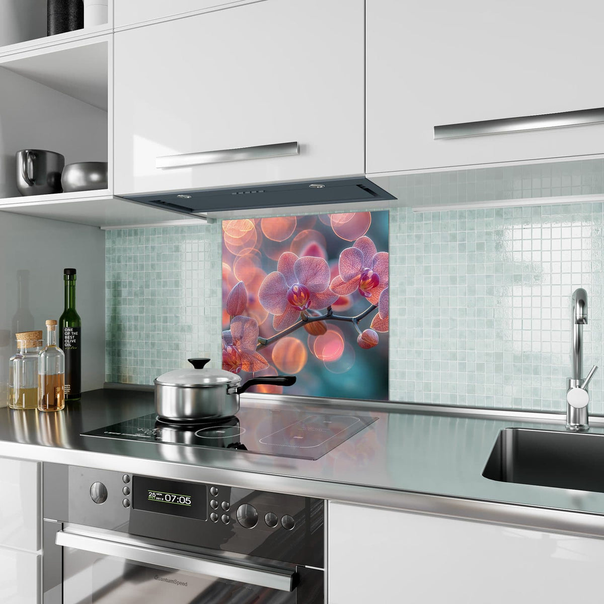 Küchenrückwand aus Glas Orchideen vor Orange im quadratischen Format als Spritzschutz hinter dem Kochfeld, über dem Fliesenspiegel montiert