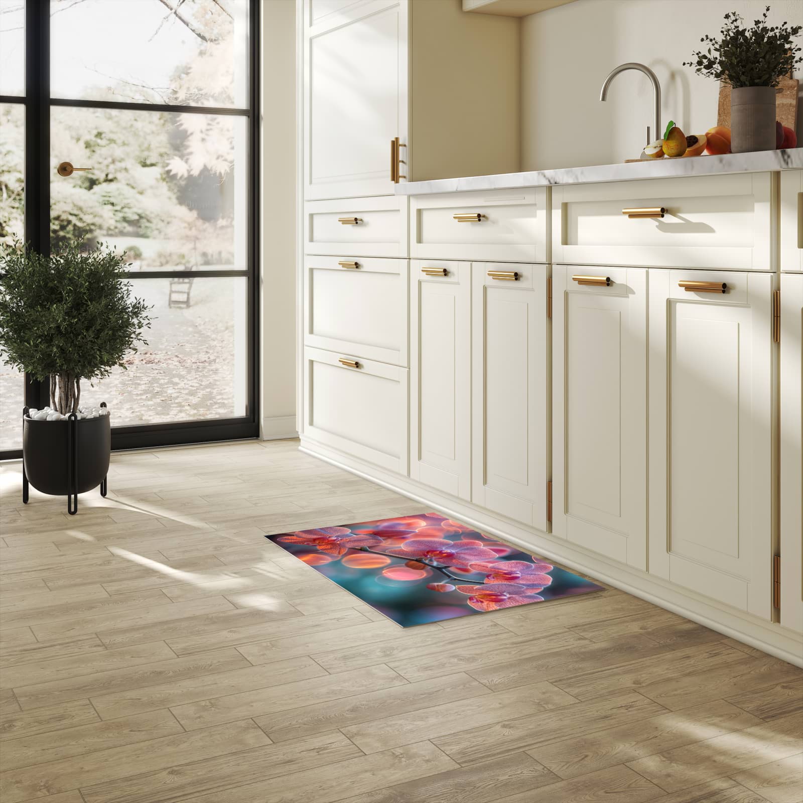 UV-beständiger Küchenläufer mit Motiv Orchidee Bokeh in heller Küche
