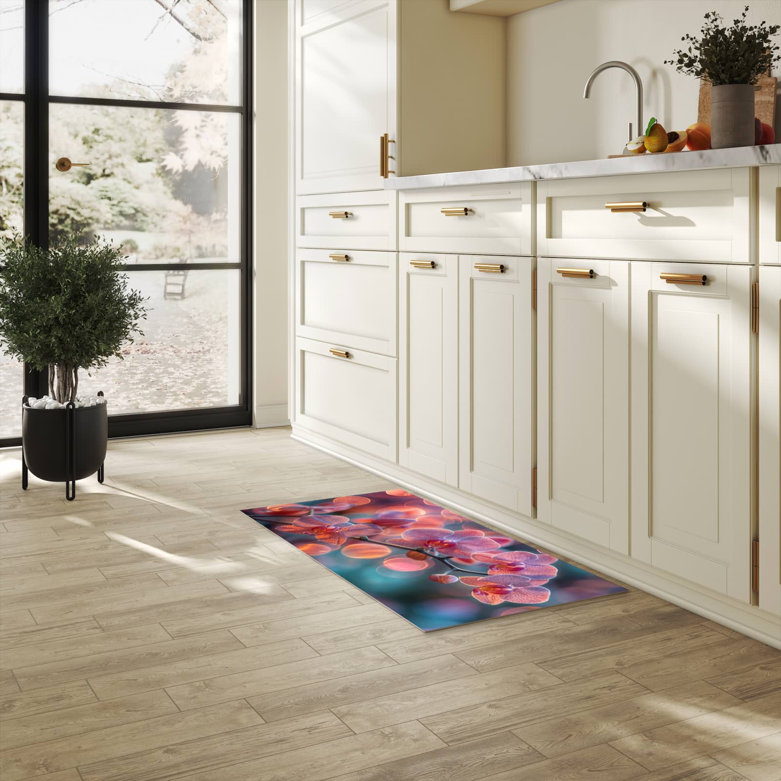 Farbbeständiger Küchenteppich mit Motiv Orchidee Bokeh in heller Küche