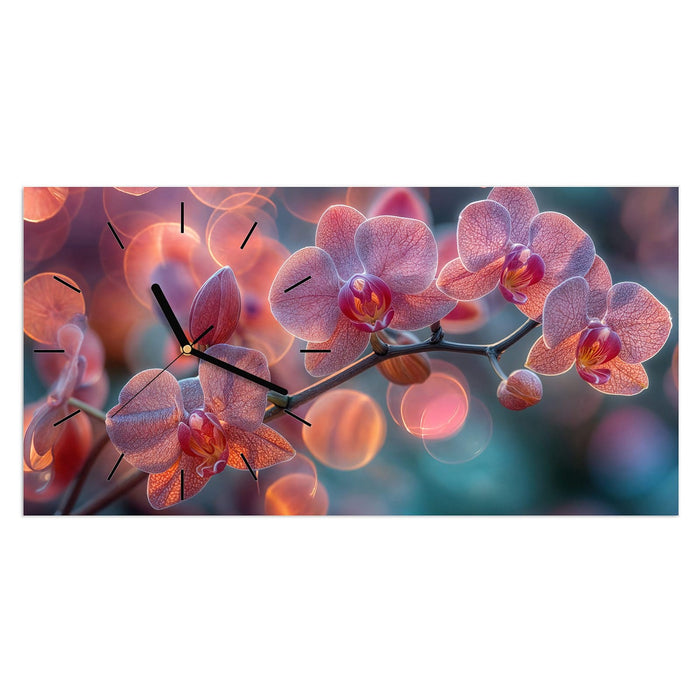 Wanduhr Orchidee Bokeh aus Glas – Querformat 60 × 30 cm mit Ziffernblatt Linie