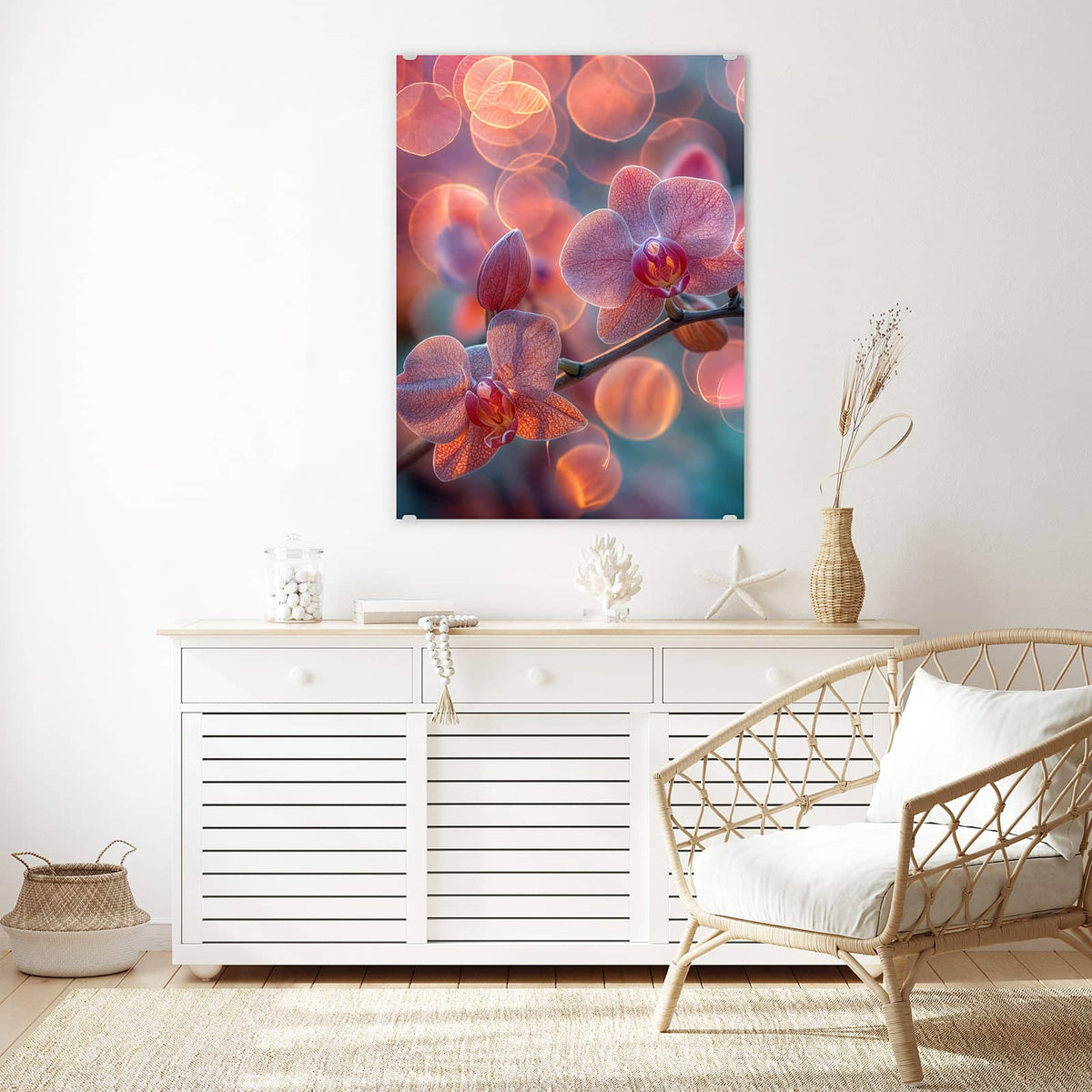 Aufhängung liegt bei – Motiv später wechselbar – Wandbild - Orchideen vor Orange - Hochformat