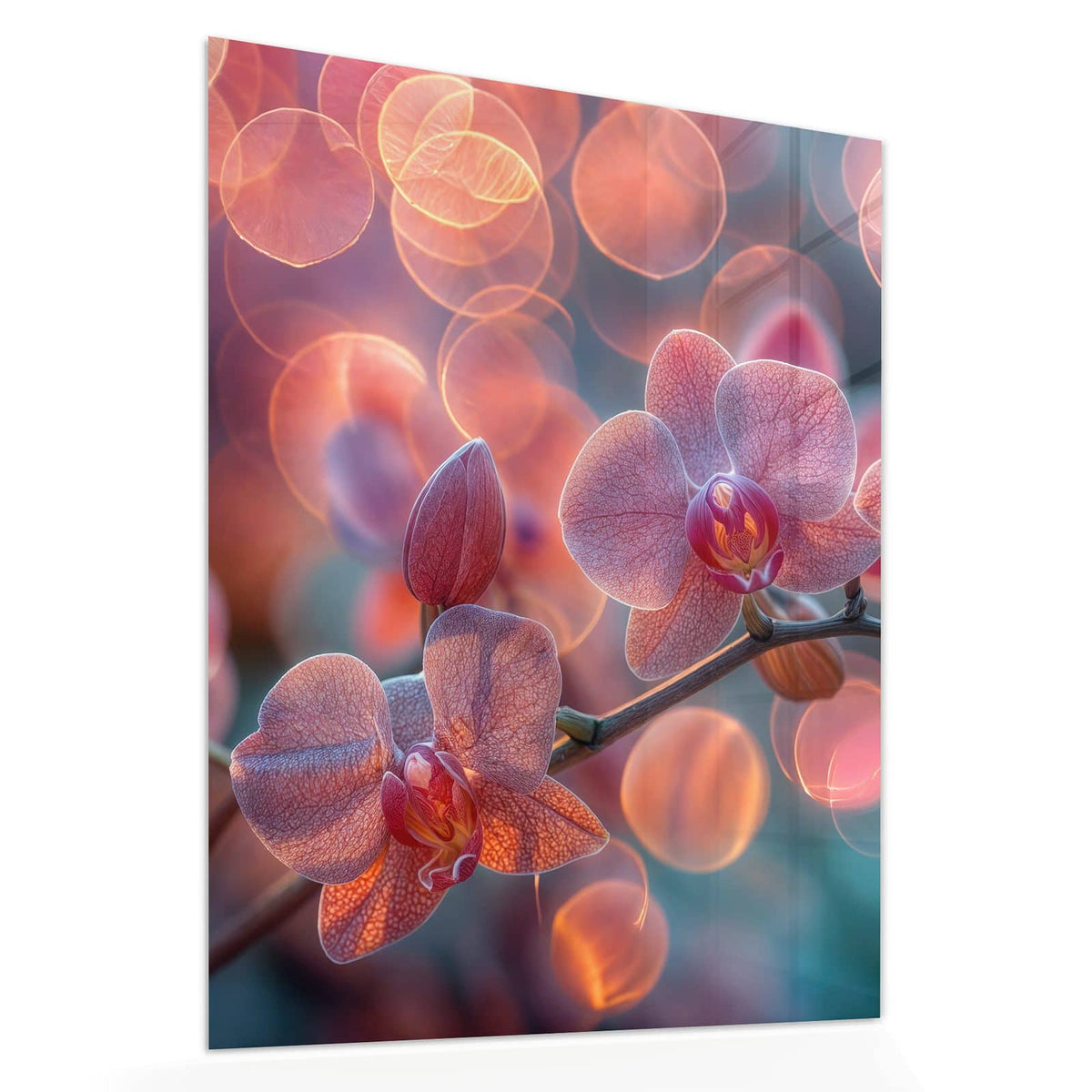 Echtglas, 4 mm – kein Acryl, keine Folie – Wandbild - Orchideen vor Orange - Hochformat