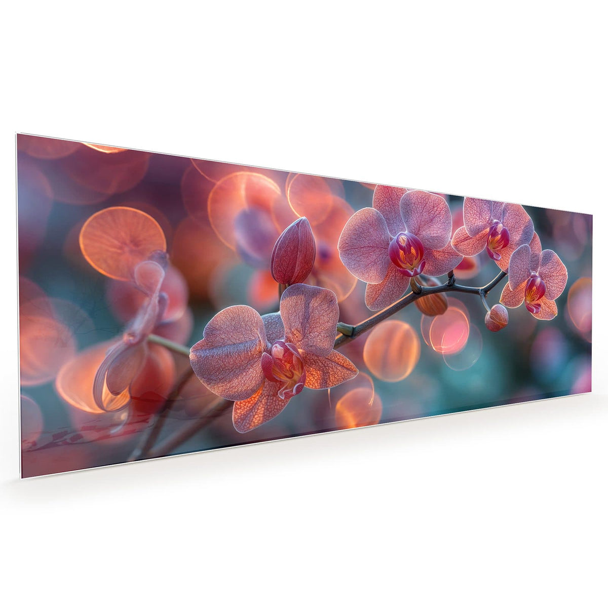 Küchenrückwand aus Glas im Hochformat: Rosa Orchideenblüten vor großen orangefarbenen Lichtkreisen
