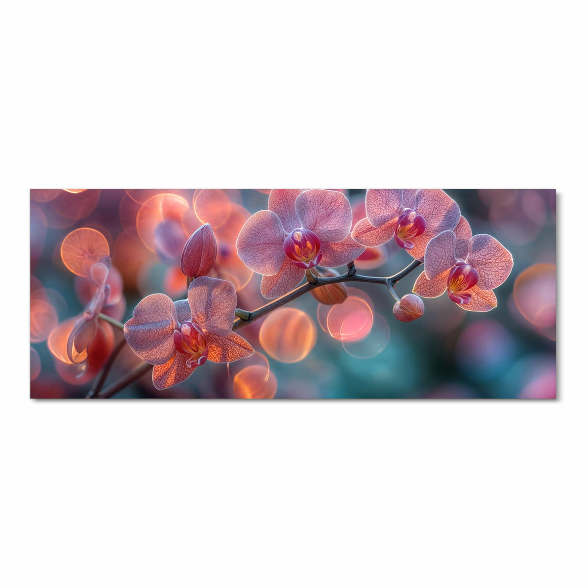 rosa Orchideenblüten vor großen orangefarbenen Lichtkreisen